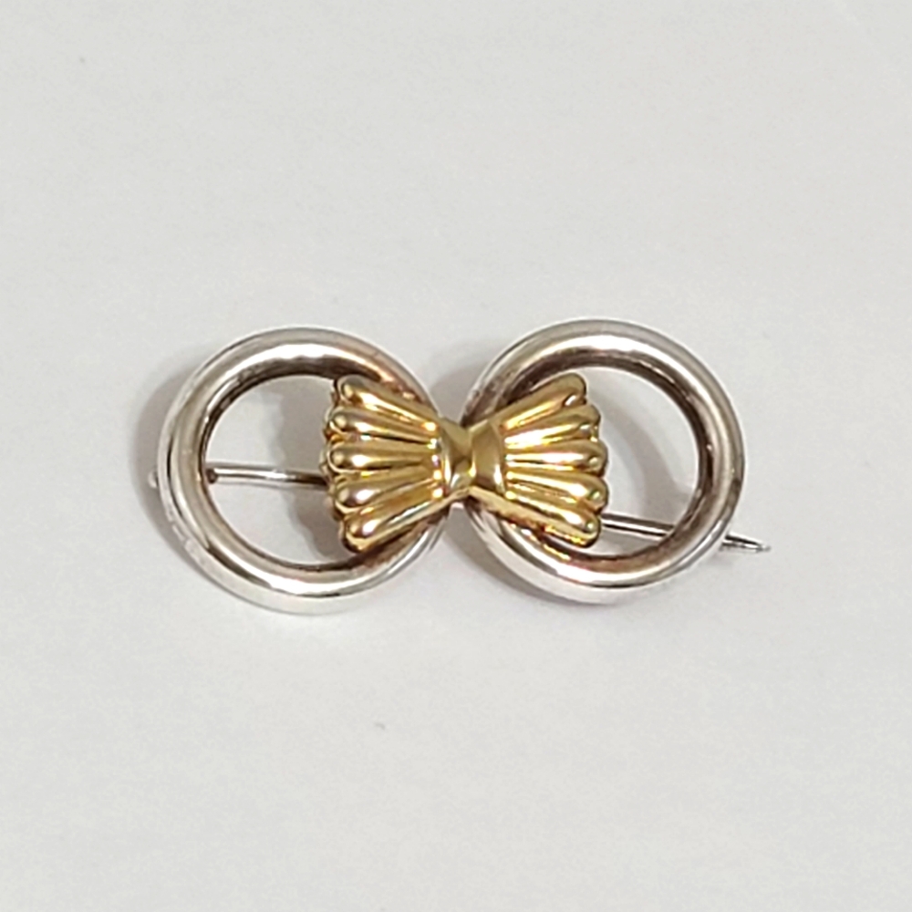 Vintage Italy Deco Two Tone 24K Gold Sterling Silver Double Bow Brooch Pin
